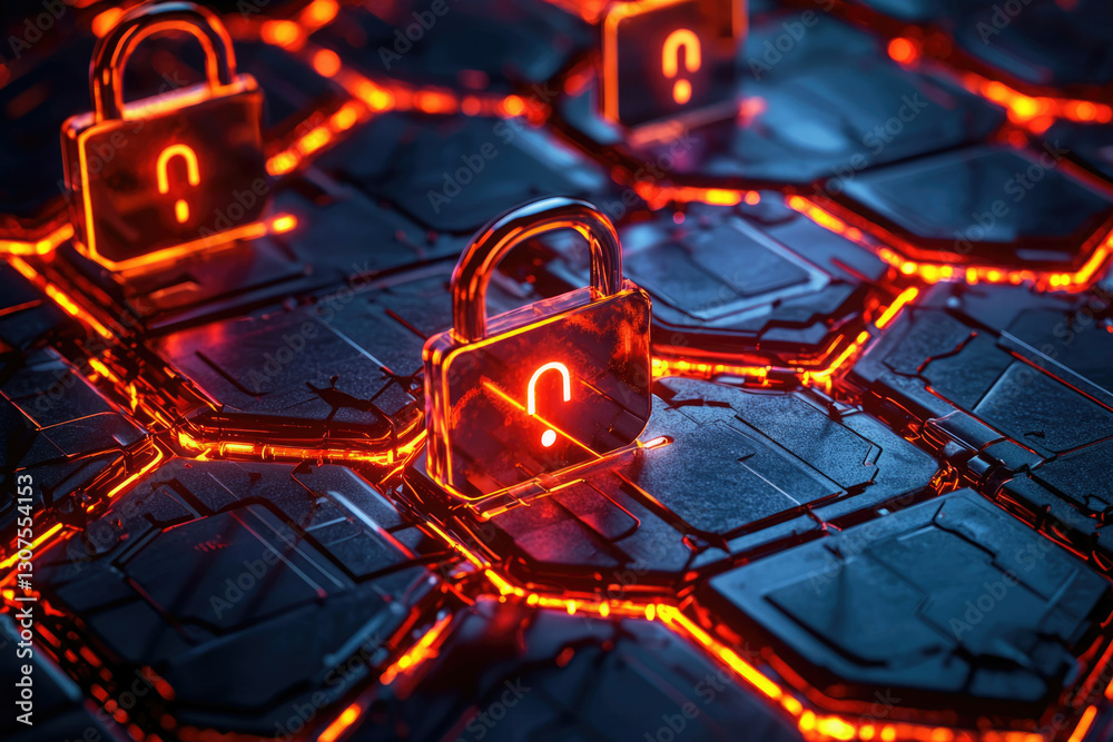 Aufkleber cybersecurity concept with glowing padlocks symbolizing digital security and data protection.