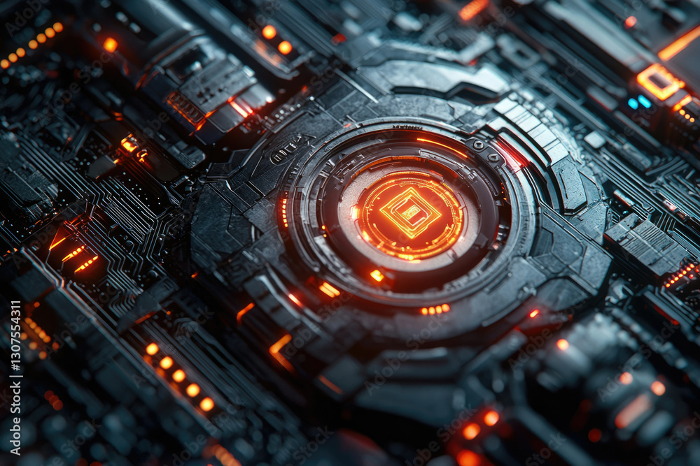 Aufkleber Close-up of a futuristic technological device with glowing orange circuits and intricate details.