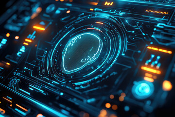 Futuristic digital interface displays a biometric fingerprint scan for secure authentication.