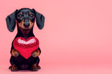 Ad creative. Dachshund - my preferred dog. Cute dachshund hound with sparkling rhinestones red heart - sign of love, funny greeting card. Valentine's animal friendship stories. Red heart.