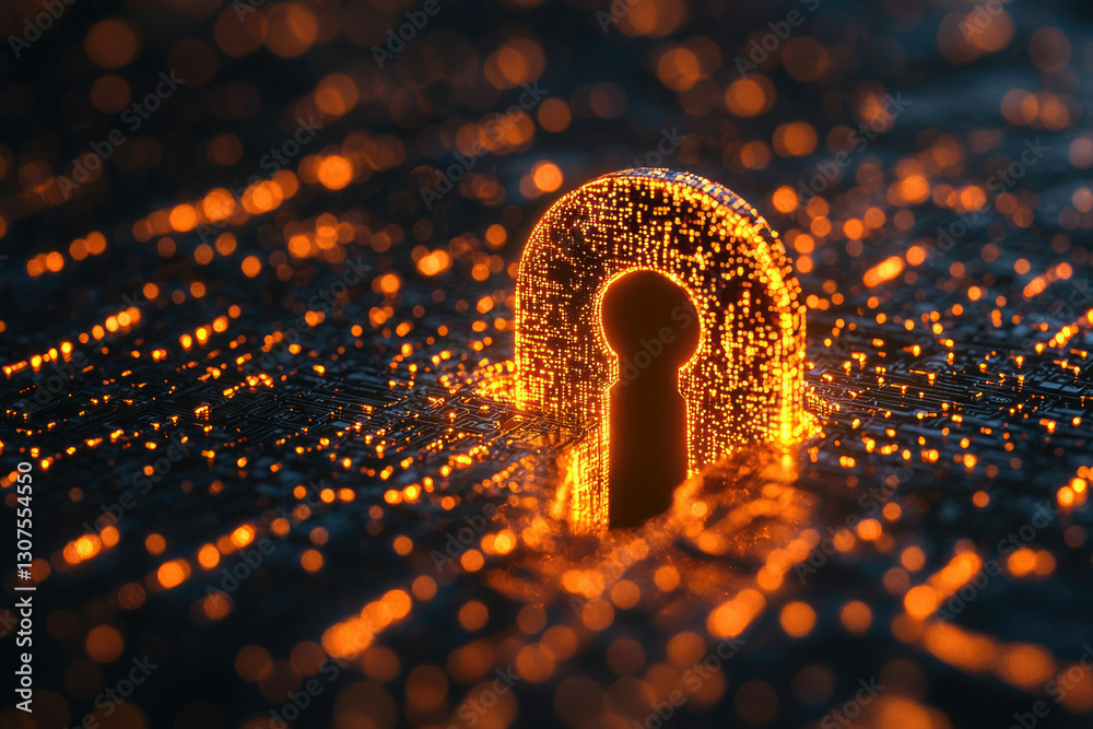 Poster A glowing keyhole embedded in a circuit board symbolizes digital security and data protection.