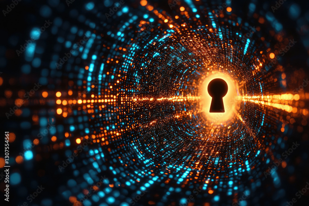 Poster A keyhole at the end of a glowing data tunnel symbolizes digital security and access.