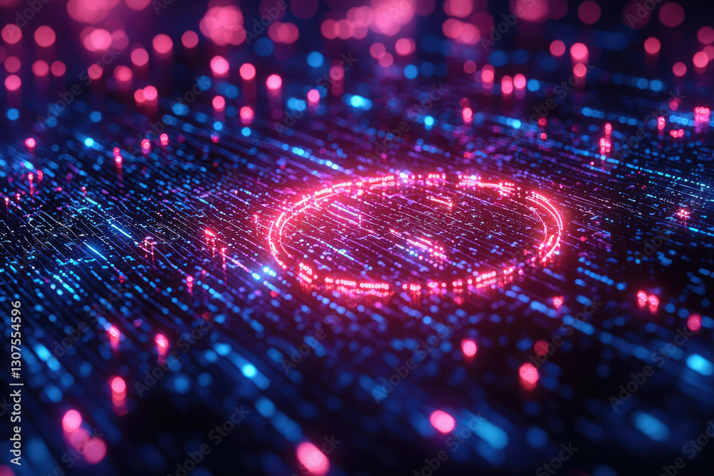 Aufkleber Abstract digital background with glowing neon circle on a dark surface, representing data flow or network.