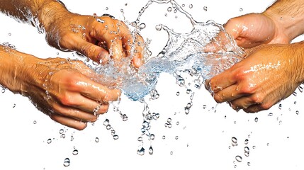 Hands splashing water, with droplets suspended in mid-air against a pure white background, creating a sense of fun and movement.