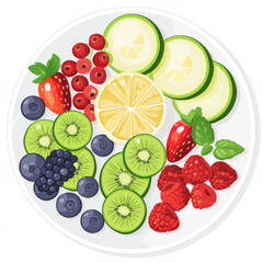 Naklejka premium Fresh fruit platter with strawberries, blueberries, blackberries, kiwi, lemon, and mint leaves, showcasing vibrant colors and healthy options
