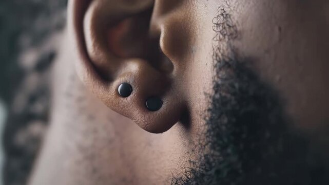 Stylish male wearing sleek black earrings, expressing modern masculinity through bold, contemporary personal fashion statement