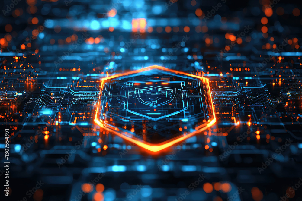 Poster Cybersecurity shield displayed on a futuristic digital circuit board, symbolizing data protection and network security.