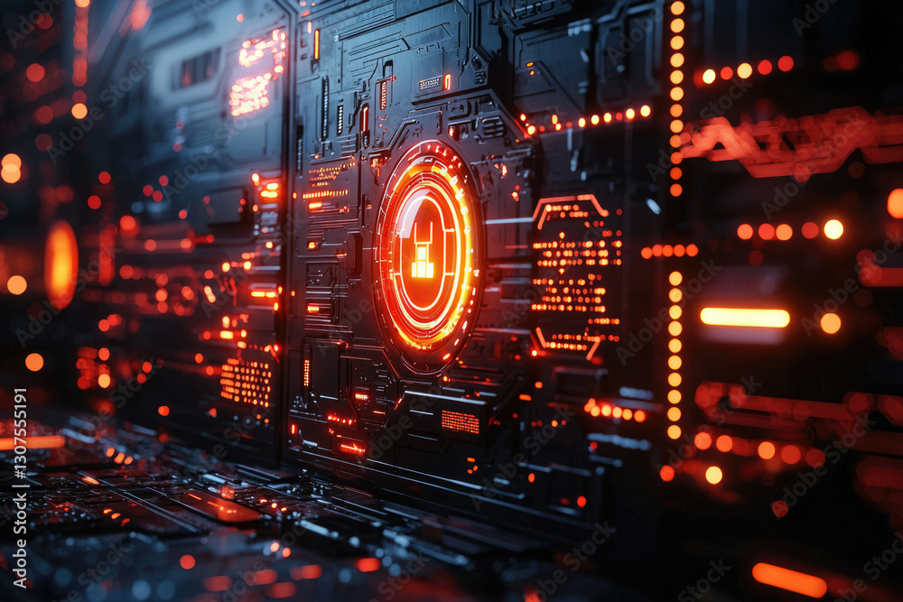 Poster Futuristic digital security system interface with glowing orange circuits and a central lock icon.
