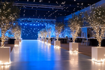 Festive event hall walkway, blue lighting, decorated trees, dinner setting background; ideal for corporate event, celebration, or wedding invitation