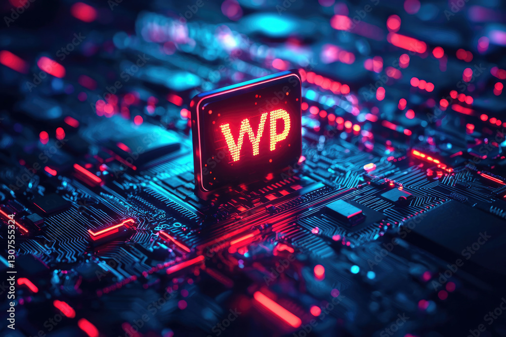 Poster WP initials glowing on a futuristic circuit board, representing technology and innovation.