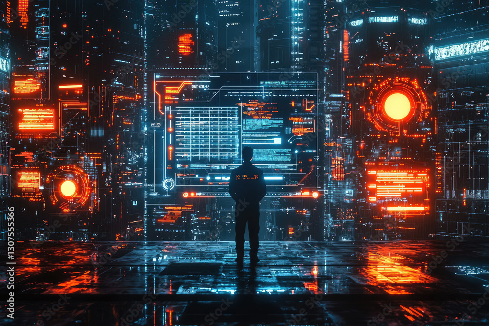 Leinwandbilder A person stands before a massive digital wall displaying complex data streams and glowing interfaces in a futuristic setting.