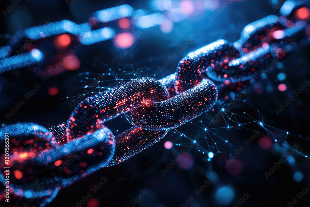 Poster A glowing chain symbolizes interconnectedness and data security in a digital network.