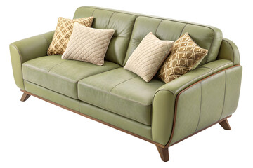 Fototapeta premium A perfectly centered, front-facing view of a modern two-seater caramel-green leather sofa