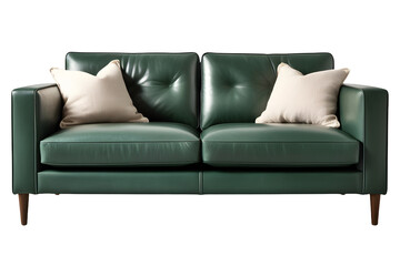 Obraz premium A perfectly centered, front-facing view of a modern two-seater caramel-green leather sofa