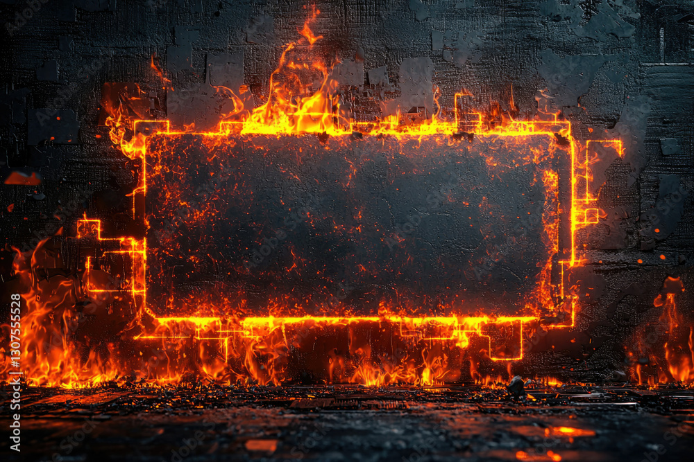 Poster Fiery rectangular frame ablaze on a dark grunge wall, creating a dramatic and intense visual.