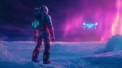 Astronaut exploring frozen planet with drone and aurora borealis. Generative ai illustrations