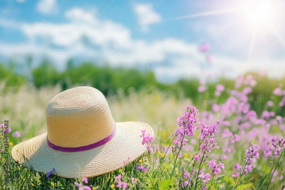 Poster sunlit summer field with a straw hat surrounded by blooming flowers and clear blue skies in the afte