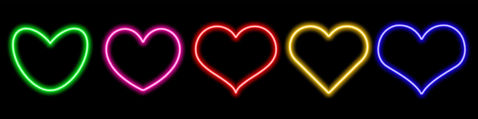 Neon hearts set icons. Vector realistic illustration of love symbols glowing in darkness, nightclub, casino, disco club decoration, shiny saint valentine day sign