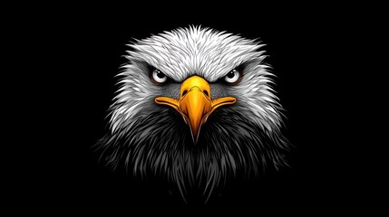 Obraz premium Eagle Head Sharp Gaze Detailed plumage illustration on a stark black background. Fierce animal portrait