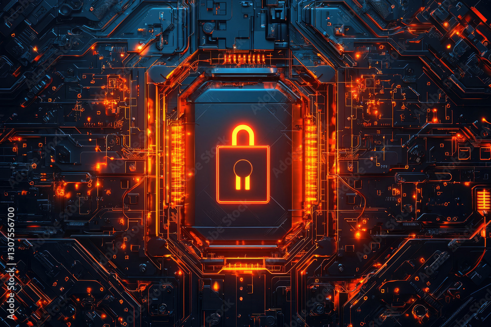 Aufkleber cybersecurity concept: glowing padlock on a futuristic circuit board, symbolizing digital data prote