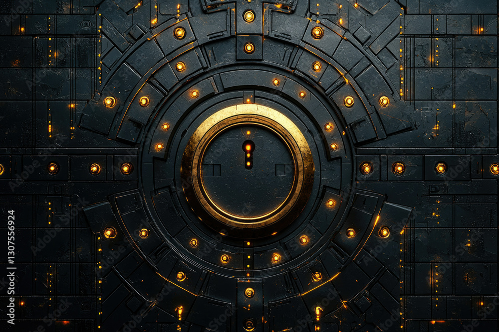 Poster Abstract dark metallic futuristic background with glowing elements, circular pattern, and central keyhole.
