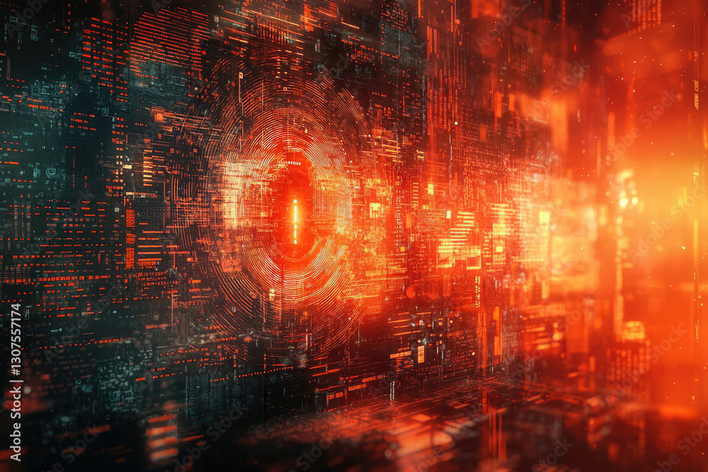 Poster Abstract digital art depicting a glowing orange core surrounded by intricate circuitry and data streams.