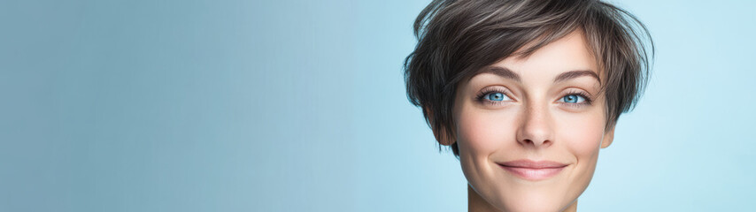 Fototapeta premium Smiling woman with short hair and blue eyes against a soft blue background