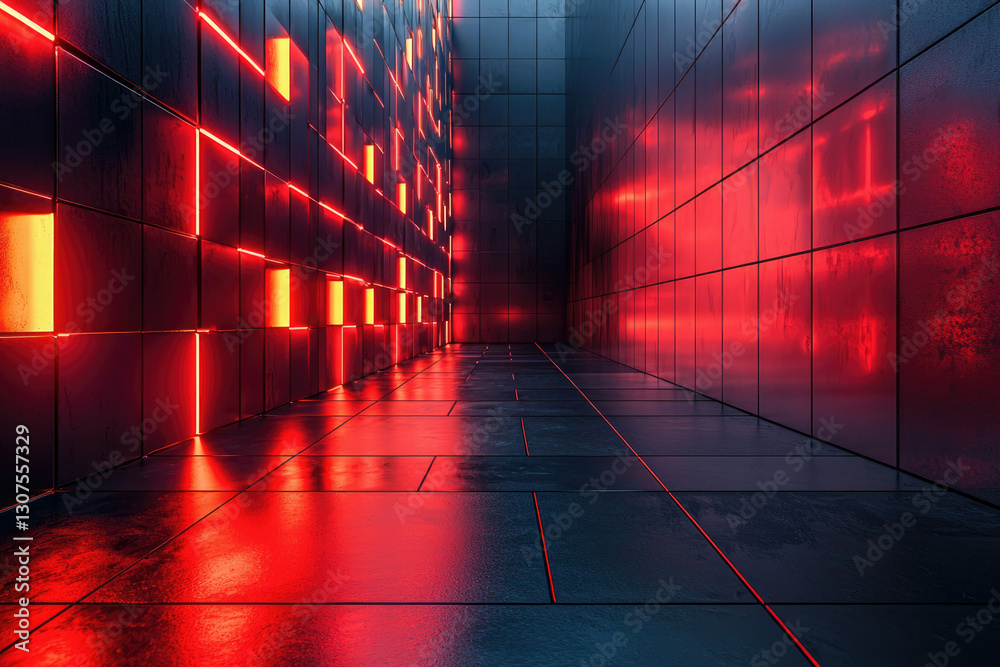 Poster neon-lit corridor with red glowing square panels on dark walls and floor.