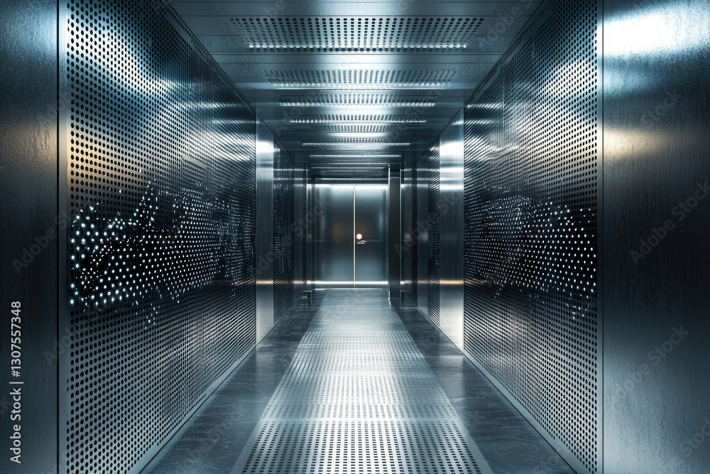 Poster a futuristic metallic corridor with perforated walls and subtle lighting, creating a sleek, technolo