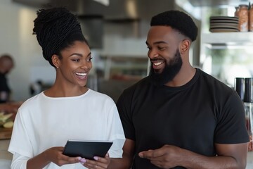 A man and woman are smiling at each other in a kitchen. The man is holding a tablet and the woman is holding a cell phone