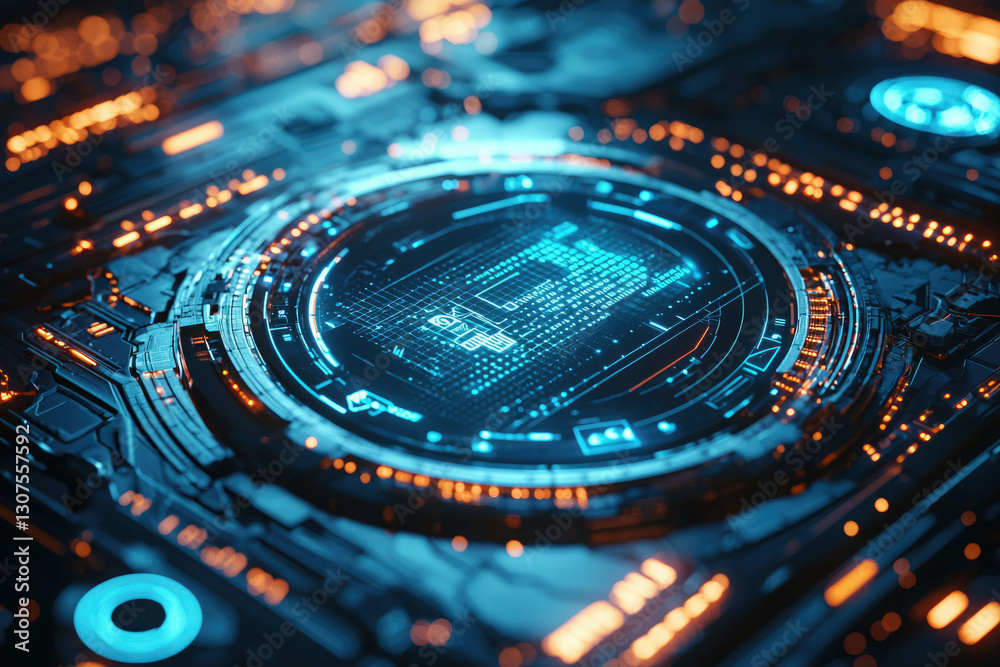 Poster Futuristic technological interface with glowing blue and orange circuits displaying data streams.