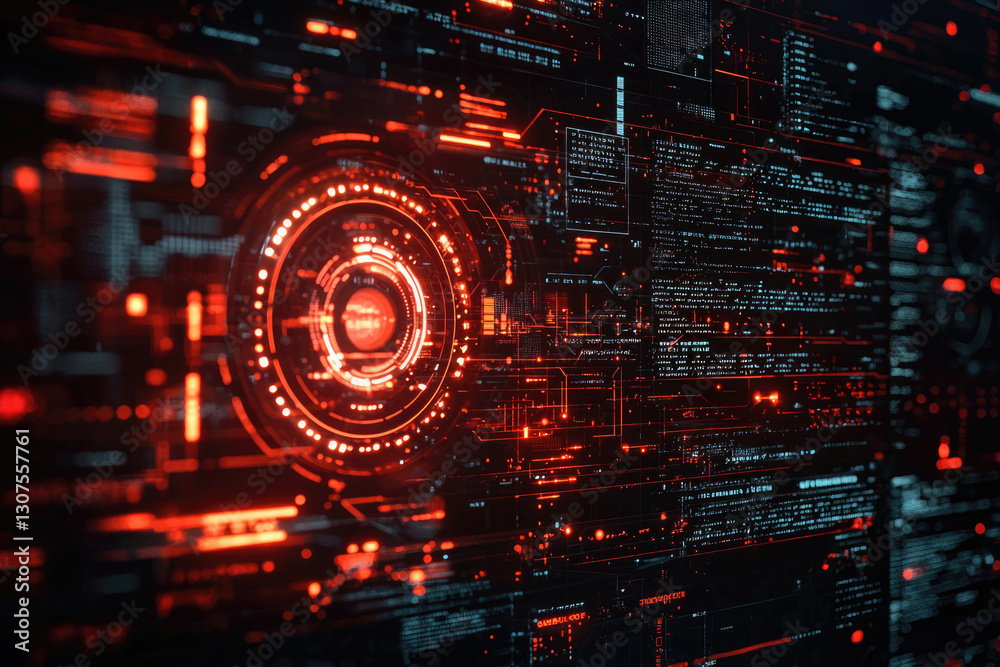 Poster Abstract digital data streams and futuristic HUD interface glowing in red and black.