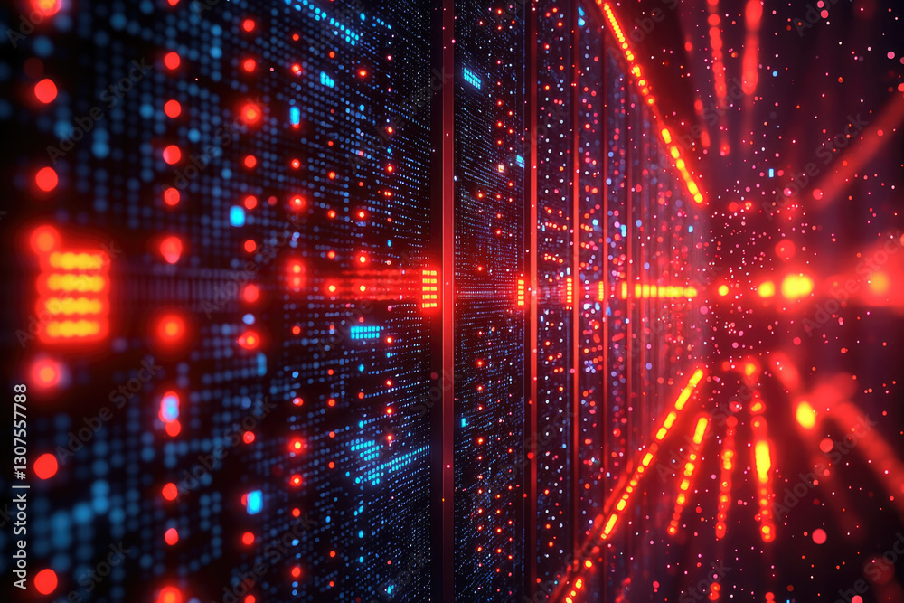 Poster Abstract digital data center with glowing red and blue lights representing data flow and processing.