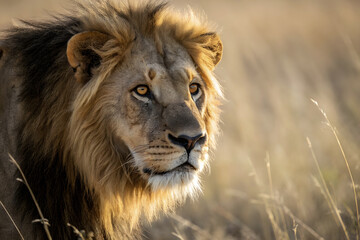 Fototapeta premium A majestic male lion resting in the tall grass of the African savanna during the golden hour