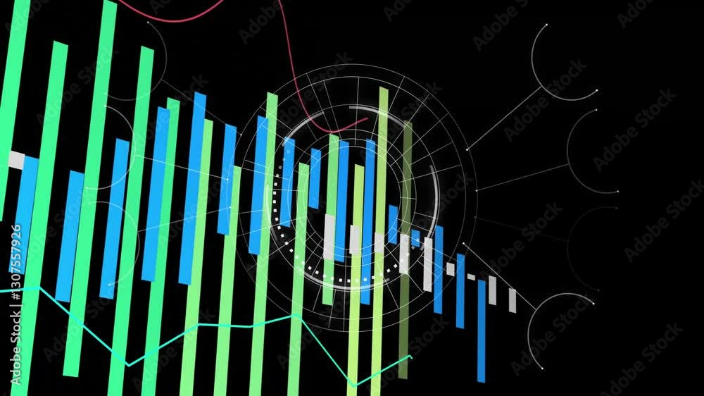 Poster animation of colorful bar and line graphs with circular data on black background