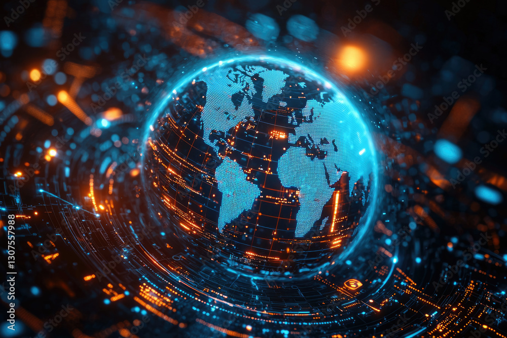 Poster Digital globe showcasing global interconnectedness through glowing lines and nodes, representing worldwide network and data flow.