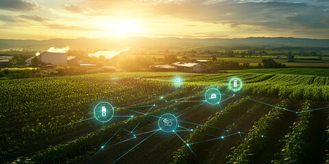 Smart Farming with Digital Connectivity and Icons Overlaid on Agriculture Landscape, Agricultural Field with Digital Technology and IoT Icons for Smart Farming