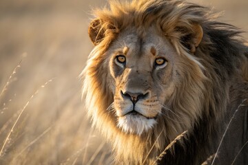 Obraz premium A majestic male lion resting in the tall grass of the African savanna during the golden hour