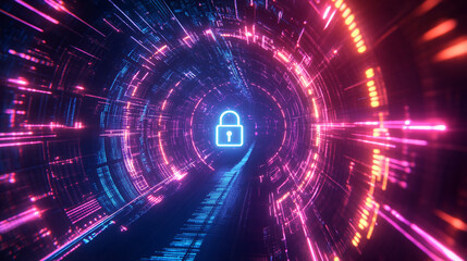Obraz premium Neon tunnel with glowing lines and padlock symbol at center, depicting secure data transfer or digital protection, showcasing technological security and cyber safety