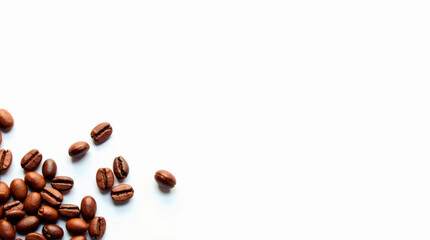 Naklejka premium background with scattered coffee beans in the corner on a white background, there is space for text