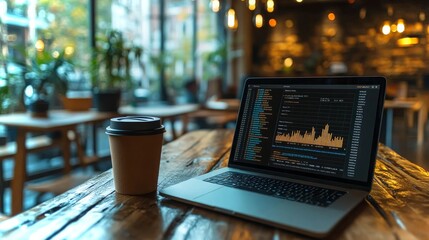 Modern open-plan office with a laptop, coffee, and vibrant greenery during the day