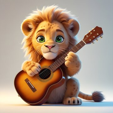 Adorable 3D Cartoon Lion Playing Guitar &ndash; Cute Musical Animal Art