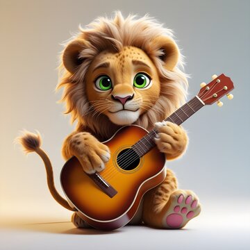 Adorable 3D Cartoon Lion Playing Guitar &ndash; Cute Musical Animal Ai  Art