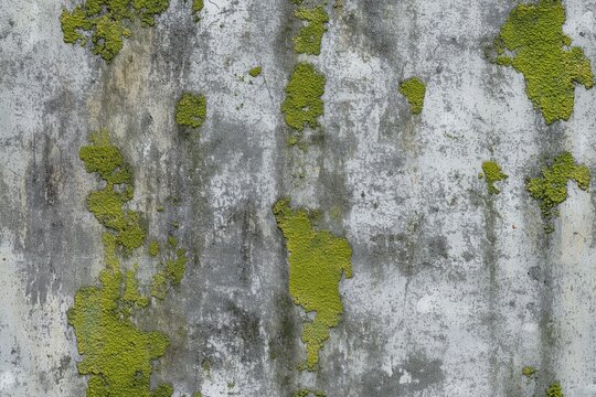 Seamless textured wall with patches of green moss and weathered gray surface, showcasing natural decay and aging.