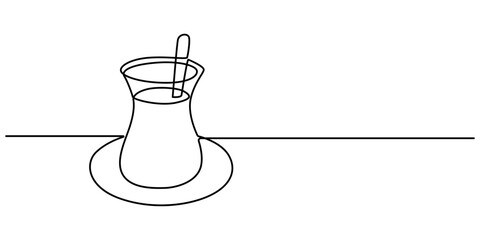 Turkish Tea Single Line Icon, One continuous line drawing of a glass of traditional Turkish tea on a saucer. Vector illustration  on a white background. A recognizable hot drink common in the east. 