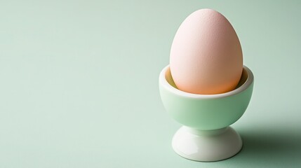 A pastel-colored egg resting in a simple white egg cup on a light green surface.