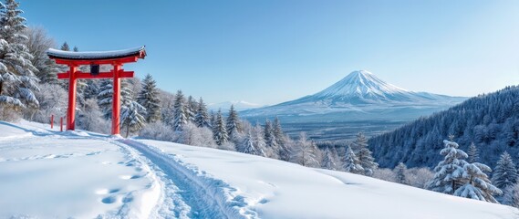 Breathtaking snowy landscape featuring a vibrant red torii gate standing on a serene hillside with a panoramic view of Mount Fuji. Snow-covered path leads through frosted pine trees under a clear blue
