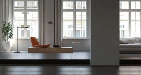Modern living room featuring minimalist furniture and large windows in bright daylight