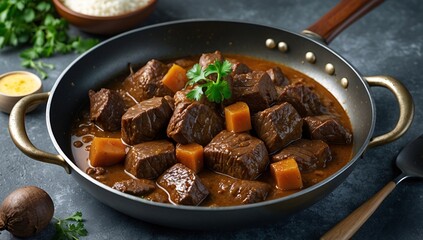 Rich and Savory Beef Stew with Butternut Squash in a Rustic Dark Pan