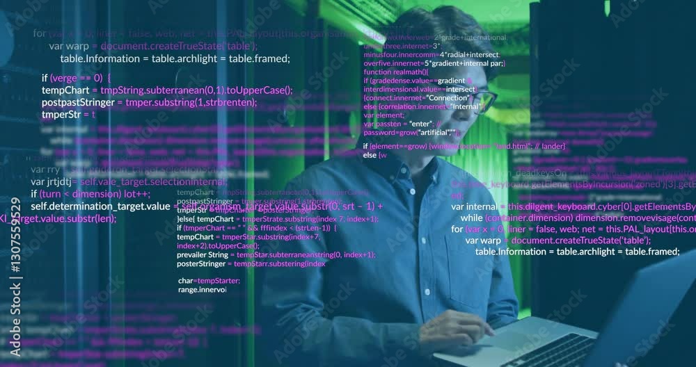 Poster in office, person working on computer with code animation overlay on screen